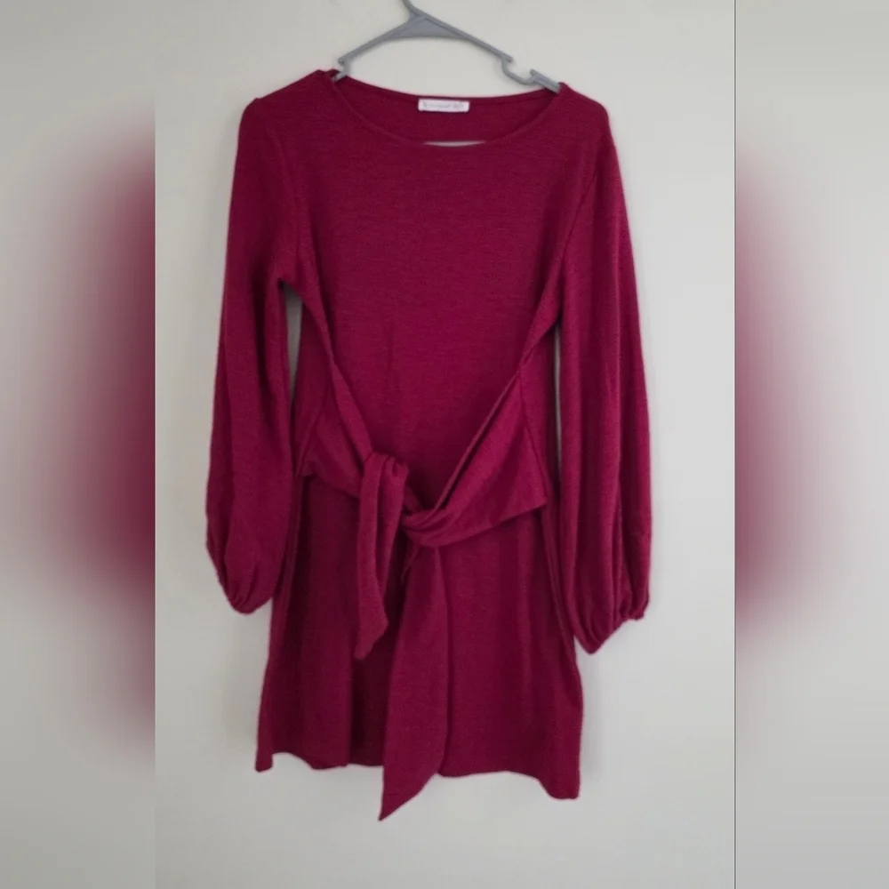 R.Vivimos Burgundy Tie Waist Sweater Dress